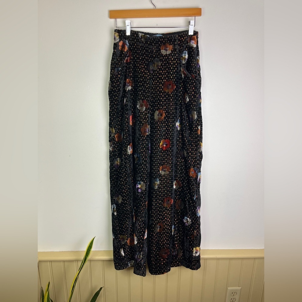 Anthropologie NWT Eva Franco Sz 0 Velvet Wide Leg Pants Black Motif Floral Glam - Picture 15 of 16